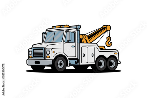 A white tow truck with a yellow crane on a plain background, depicted in a flat, minimal vector graphic style.