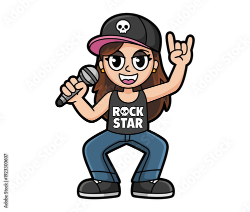 A cartoon illustration of a young woman dressed as a rock star, holding a microphone and making a rock gesture with her hand.