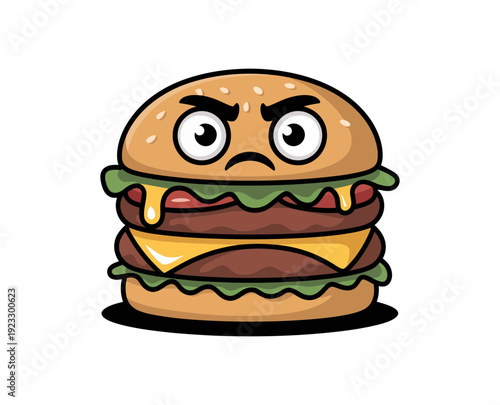 A cartoon illustration of an angry hamburger with a frowning face and melted cheese