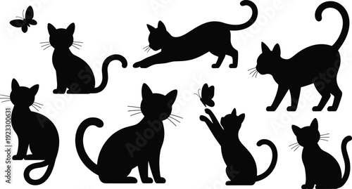 Black cat silhouettes set with playful kittens and butterflies isolated on white background, cute feline collection illustration, pet animal graphic design elements for decoration