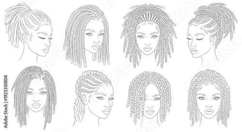 Line Art Portraits of Diverse Black Women with Braided Hairstyles