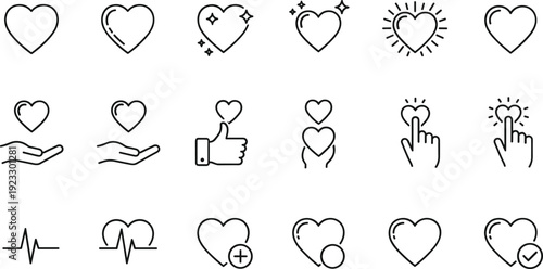 Heart Line Icon Set with Like Love Favorite and Health Symbols