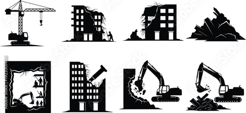 Black, building, demolition, icons, set, featuring, excavator, crane, ruined, structures, debris, construction, machinery, urban, renewal, industrial, heavy, equipment, vector, illustration.