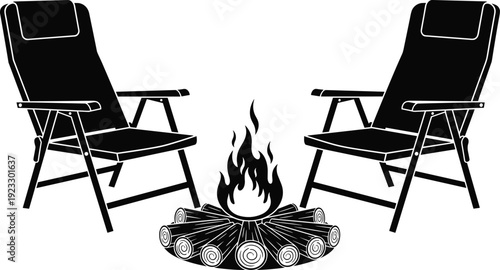 Black, campfire, silhouette, with, two, camping, chairs, outdoor, fire, pit, burning, wood, logs, leisure, relaxation, adventure, equipment, vector, set, collection.