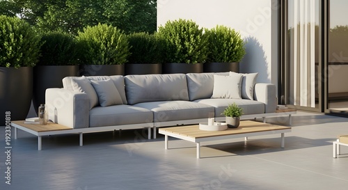 Luxurious modern outdoor patio furniture setup on a sunlit terrace, showcasing elegant grey sectional sofa and minimalist decor