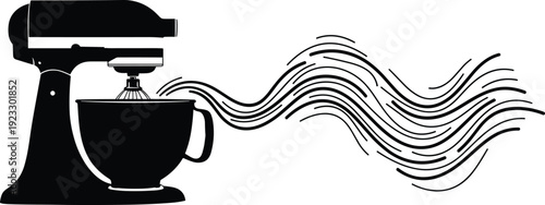 Black, kitchen, stand, mixer, silhouette, with, abstract, aroma, lines, baking, appliance, equipment, cooking, food, preparation, household, electrical, vector, icon, set.