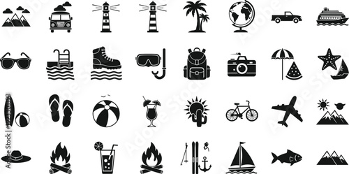 Travel and vacation icon set featuring mountains lighthouse palm tree globe cruise ship camera camping gear and summer beach activities silhouettes