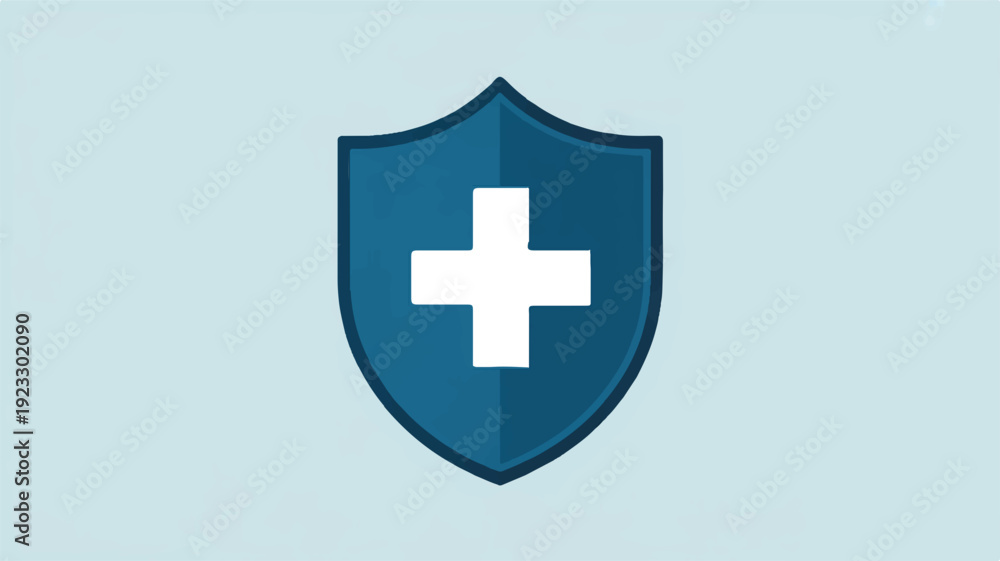 Fototapeta premium Modern shield icon with white cross on blue background for protection and safety concepts