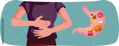 Person Eating Unhealthy Suffering Bellyache Vector Illustration. Woman clutching in discomfort while eating poor diet snacks illustration 
