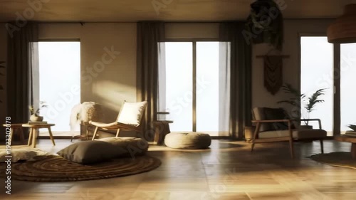 Sunlight streams into a modern living room, illuminating the wooden floor and minimalist furniture creating a warm