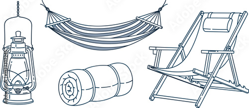 Outdoor camping and relaxation gear set with hammock deck chair lantern and sleeping bag for summer holidays travel and leisure activities