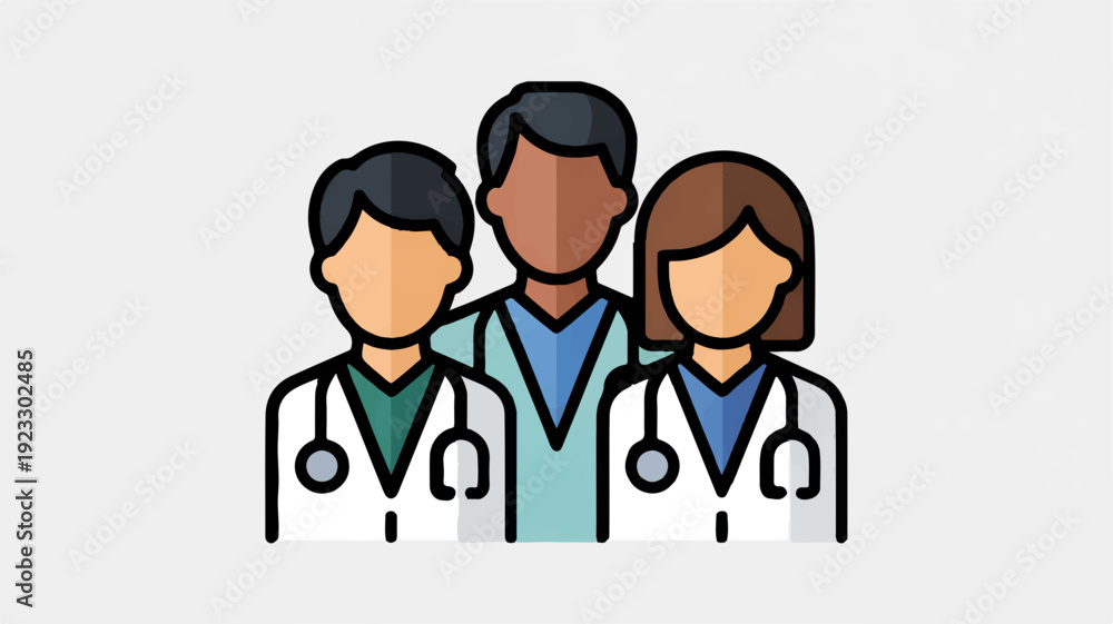 Fototapeta premium Three diverse medical professionals standing together in white lab coats