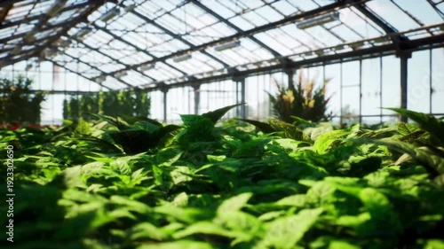 Lush green plants thrive inside a sunlit greenhouse, creating a vibrant and tranquil botanical scene with natural light.