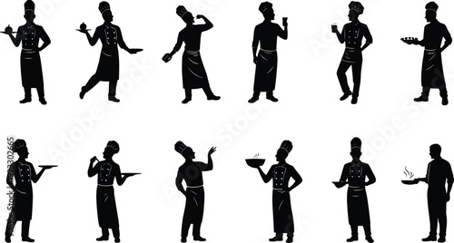 Set of professional chef silhouettes cooking, serving food, tasting, holding trays, and frying in uniform, CAD drawing flat vector illustration for kitchen designs.