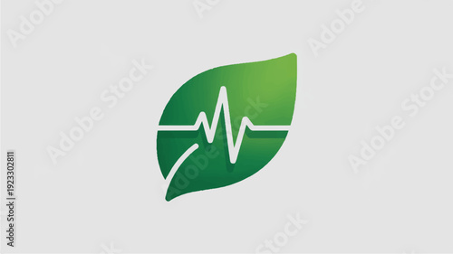 Minimalist green leaf icon with ecg heartbeat line on white background symbolizing nature and health