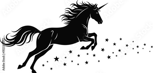 Unicorn silhouette leaping with flowing mane and tail, fantasy animal illustration, mythical creature icon, vector design element