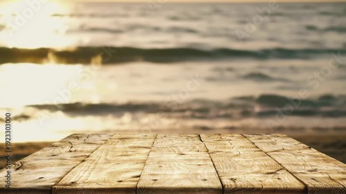 Rustic wooden table stands ready for a seaside feast, with the ocean waves gently rolling in the background.