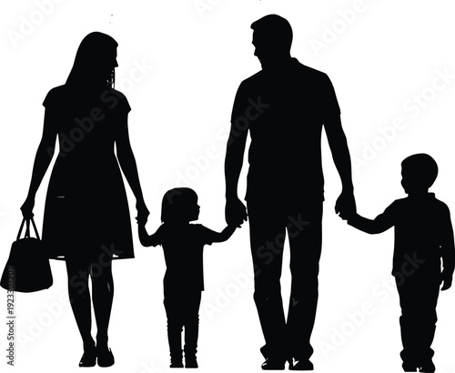Happy family silhouette with parents and children holding hands walking together for parenthood childhood bonding community and healthy lifestyle concepts