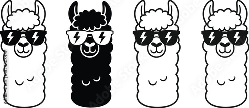Set of Four Cute Llama Characters Wearing Sunglasses with Lightning Bolts Vector Illustration for Trendy Apparel Stickers Modern Youth Branding and Quirky Animal Graphics