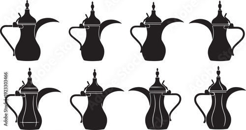 Set of Black Traditional Arabic Dallah Coffee Pot Vector Silhouette Icons