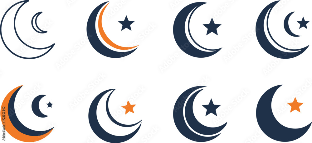 Fototapeta premium Set of 8 Modern Dark Blue and Orange Crescent Moon and Star Vector Icons