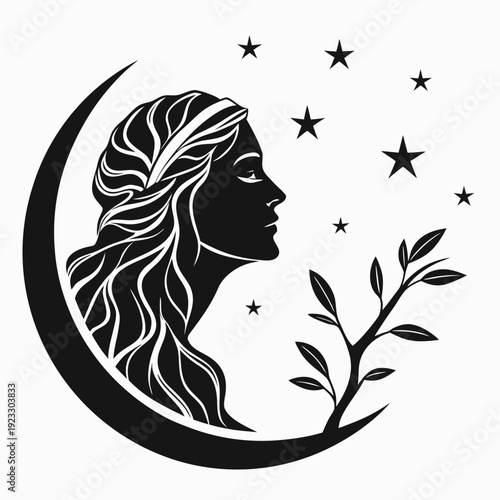A woman's silhouette on a crescent moon with stars and leaves