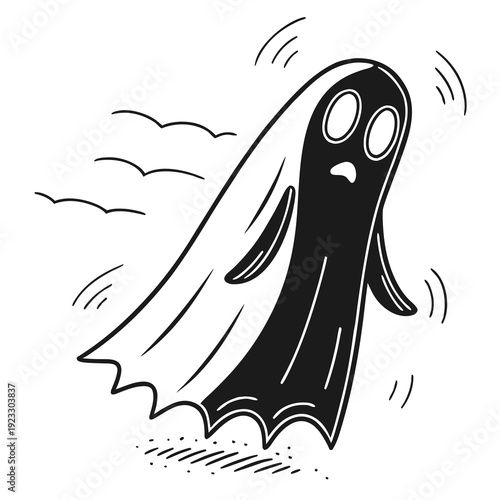 A cartoon ghost with a scared expression floats in the air