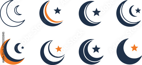 Set of 8 Modern Dark Blue and Orange Crescent Moon and Star Vector Icons