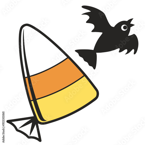 A cartoon candy corn and a black bird flying