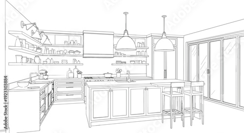 Architectural kitchen interior line drawing featuring large island bar seating open shelving and modern pendant lighting
