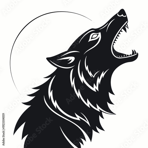 A black and white image of a wolf howling at the moon