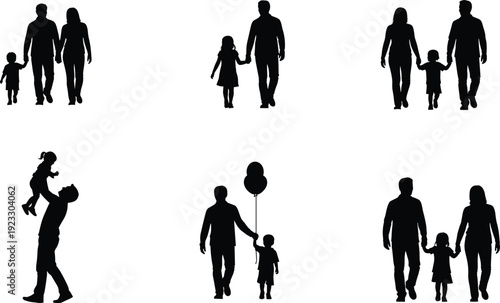 Set of family silhouettes with parents and children walking together holding hands and playing for parenthood childhood and happy life concepts