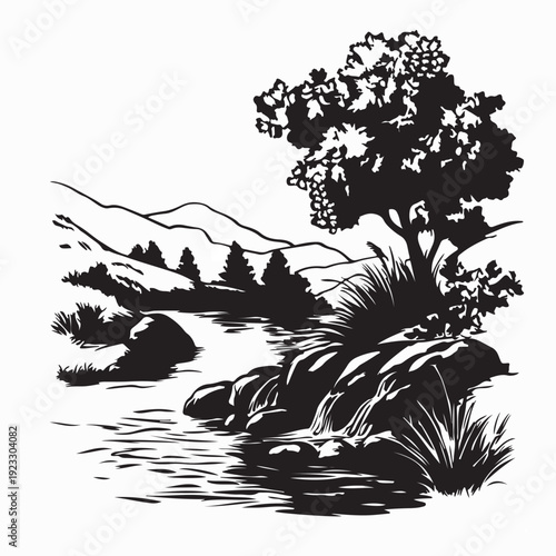 Tranquil Nature Landscape with Water Flowing in Forest Vector