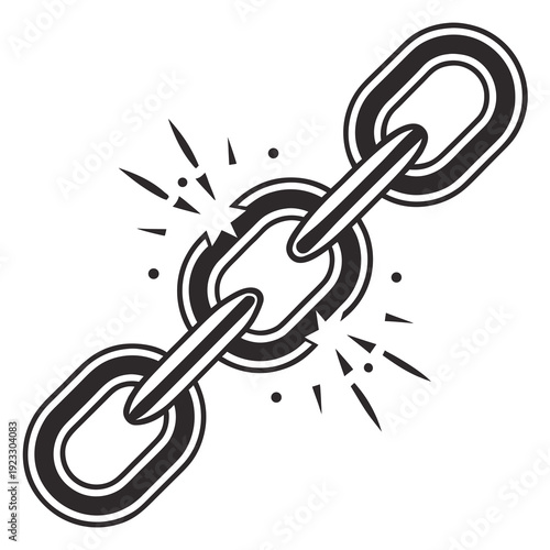 A broken chain link with sparks flying around it