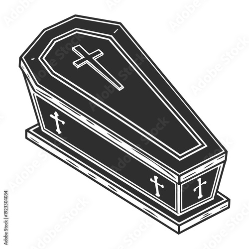 A black coffin with a cross on the lid