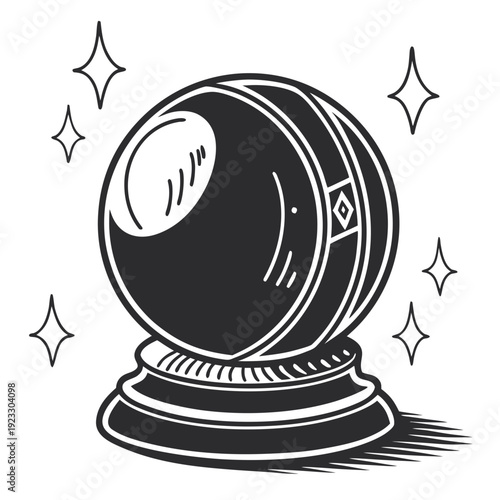 A crystal ball sitting on a stand with sparkles around it