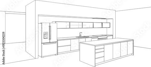 Architectural line drawing of a minimalist modern kitchen featuring a large central island and integrated refrigerator