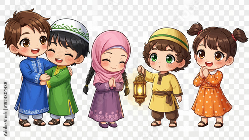 Happy Cartoon Muslim Children Celebrating Eid