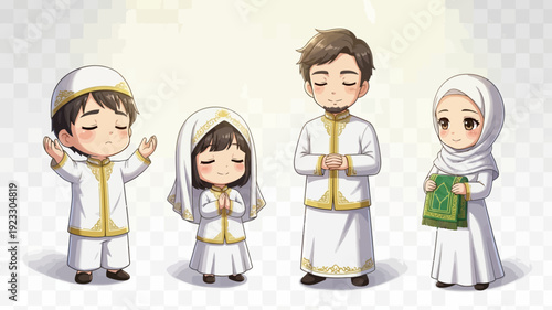 Keluarga Muslim Kartun Berdoa Merayakan Idul Fitri