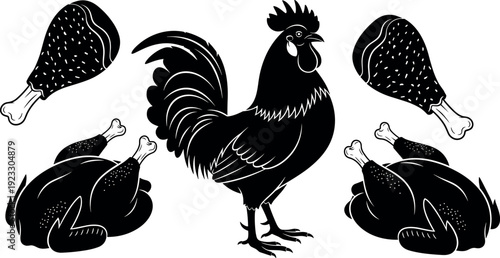 Black and white chicken and poultry silhouettes set featuring rooster whole cooked birds and meat parts, vintage farm food illustration isolated vector for packaging design