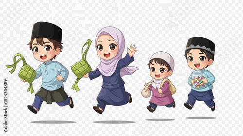 Happy Muslim Kids Running with Ketupat for Eid Celebration