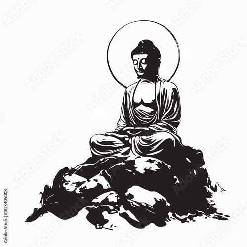 Peaceful Buddha Sitting in Meditation Pose on Rock Vector Design
