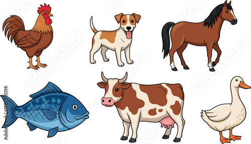 Colorful cartoon farm animals set featuring rooster dog horse fish cow and duck, cute livestock characters isolated vector illustration for kids education and design