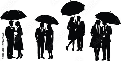 Couples Standing Under Umbrellas Black Silhouette Vector Illustration Set Romantic Pairs in Rain for Wedding, Love, and Relationship Design