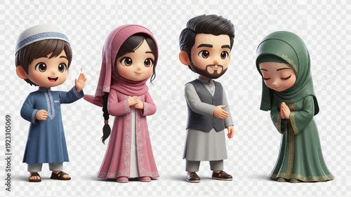 Cute Cartoon Muslim Family Characters Greeting