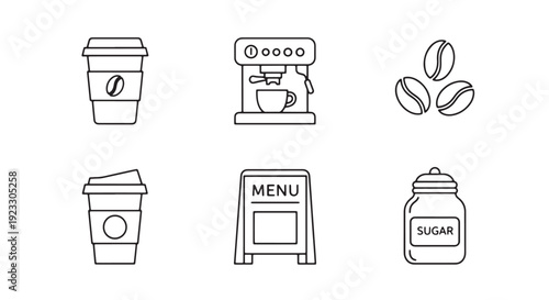 Coffee Shop Items Minimal Outline Stroke Vector Icon Pack with Cup, Espresso Machine, Beans, Takeaway Cup, Menu Board, Sugar Jar