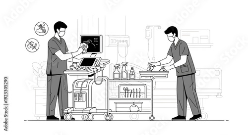 Medical staff in protective gear attending to patient equipment in hospital room