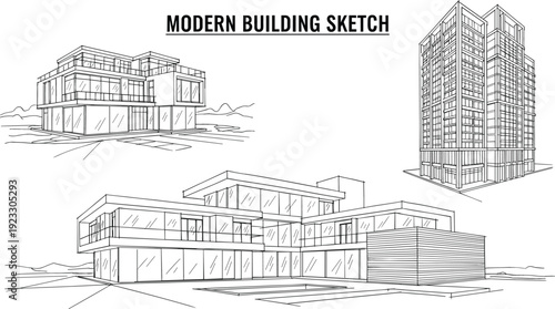 Collection of architectural line drawings featuring modern residential villas and a contemporary high-rise urban commercial building