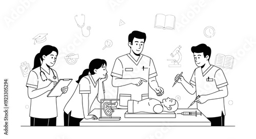 Medical Students Learning Anatomy with Mannequin and Instructor