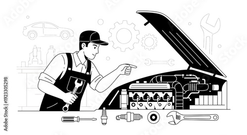 Mechanic Inspecting Car Engine Under Hood with Tools
